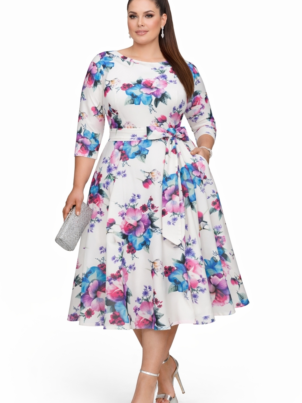 Women's Floral Midi Fit-and-Flare Dress in White with Pink & Blue Flowers